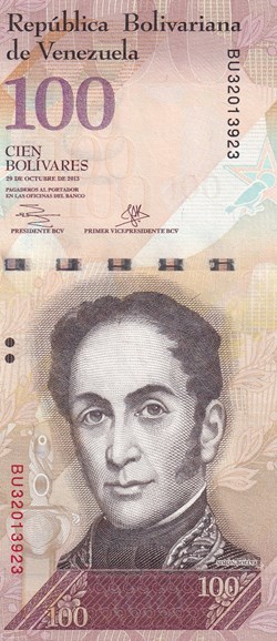 100 Bolívares Banco Central de Venezuela 29.10.2013 Unc Pick 93g