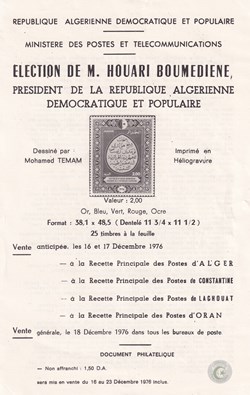 ALGERIE 1976 Notice de parution philatélique en FRANCAIS ELECTION DE M. HOUARI BOUMEDIENE