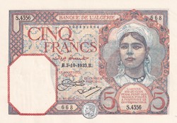 1933 Pick77a 668 5 Franc algérien Unc