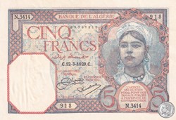 1929 Pick77a 5 Franc algérien Unc