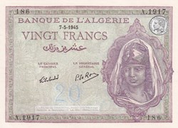 1945 Pick92b.3 20 Franc algérien 186 Unc