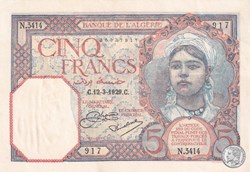1929 Pick77a 5 Franc algérien Unc