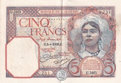 1929 Pick77a 5 Franc algérien Sup