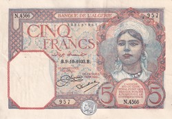 1933 Pick77a 5 Franc algérien Sup