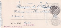 Très rare Chèque Banque Algérie avec filigrane LION