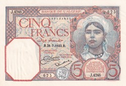 1933 Pick77a 5 Franc algérien 623 Unc