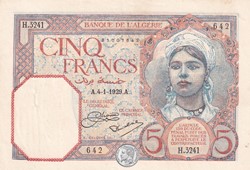 1929 Pick77a 5 Franc algérien Spl