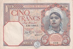 1941 Pick77b.1 Y.5330 5 Franc algérien TTB