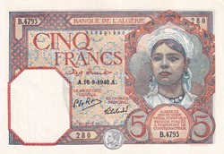 1940 Pick77c 280 5 Franc algérien Unc