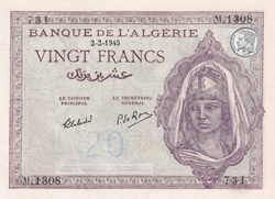 1945 Pick92b.3 20 Franc algérien 731 Unc