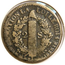 Louis XVI 1791 𝐖 2 Sols au faisceau.
