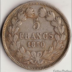 5 FRANCS CÉRÈ, sans légende 1870 K, Etoile, M a 2 heures