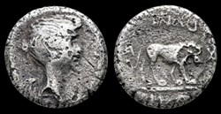 FULVIA, first wife of Mark Antony, died 40 BC. Mint: Lugdunum AR Quinarius (12 mm, 1.65 gm), yr. 40