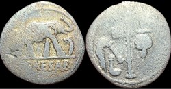 Julius Caesar 49-48 BCE AR denarius (18 mm, 3.43 g, 2 h). Military mint traveling with Caesar.