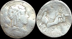 L. Julius Bursio Denarius, 20mm, 3.8g (8h). Rome, 85 BC.