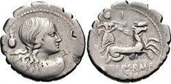 Q. Crepereius M.f. Rocus (69 BC). AR serratus denarius (19mm, 1h). NGC Choice Fine, bankers marks. R