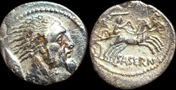 L. Hostilius Saserna. Fourré Denarius (18-19 mm, 2.86 g), Rome, 48 BC.