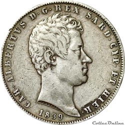 5 Lire 1839 Charles Albert SARDAIGNE  Turin - AR5F-0031