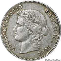 5 FRANCS SUISSE 1892 _ AR5F-0012