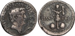 Marcus Antonius AR Denarius, trophy with curved sword and shield