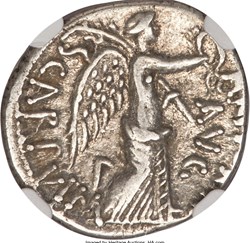 Lucius Pinarius Scarpus as Imperator, the very last mint with Marcus Antonivs