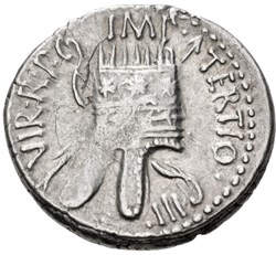 Marcus Antonius with Canidius Crassus in Armenia AR Denarius, Armenian tiara.