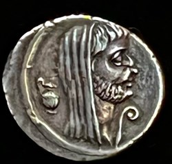 Marcus Antonius with P. Sepullius Macer AR Denarius, Veiled head with mourning beard.