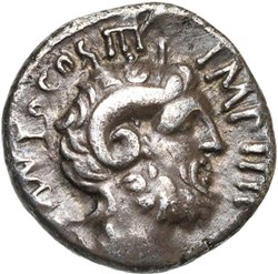 Lucius Pinarius Scarpus as Imperator, the very last mint with Marcus Antonivs