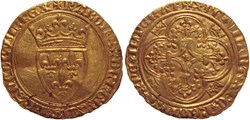 Mâcon 1394 écu d'or 4è émission au nom de Charles VI variante ReGnAT avec "n" onciale