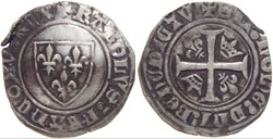Chalon-sur-Saône 1413-1417 blanc à l'écu dit "guénar" ém. ducale variété fautée au nom de Charles VI