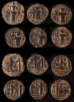 Califat MU' AWIYA, 6 fals de la 1ère Série en 2 langues - l'Empereur Debout 660-680 AD. Homs (Emesa)