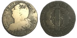2 sols  dit au faisceau  1792 .A.  incuse partiel