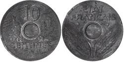 10 centimes ETAT FRANCAIS 1943 non troué MS 61