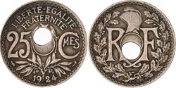 25 centimes 1924 trou décentré XF 45
