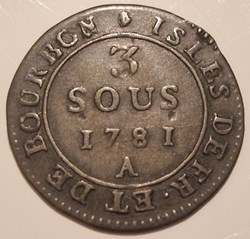 Louis XVI 3 sous Isles de France et de Bourbon 1781 atelier Paris