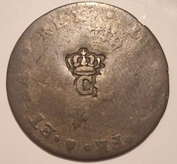 Louis XV pour les antilles- Sol tampé refrappe 2 sols variété petit c (1763-1774)