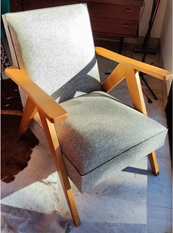 Siège - Fauteuil années 60 bois blond et Sky noir et blanc
