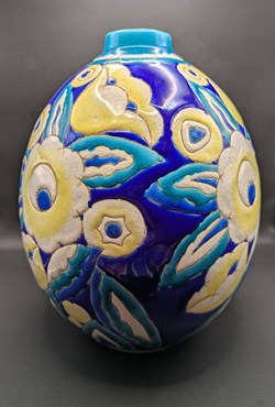 Céramique - Vase Keramis art déco à motifs floraux tons bleu jaune turquoise
