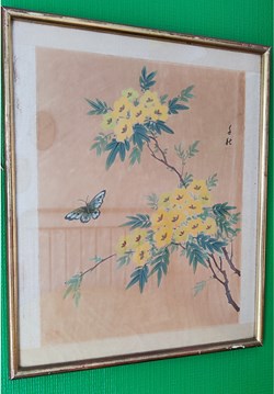 Peinture sur tissu - décor japonisant de mimosa encadré