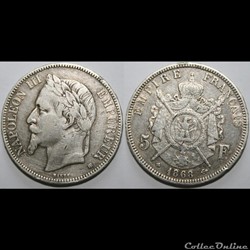 5 francs Napoléon III, tête laurée 1868 BB