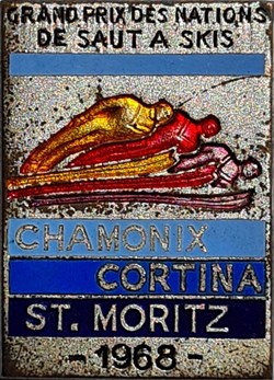 Chamonix, Cortina, St. Moritz 1968 badge saut à ski