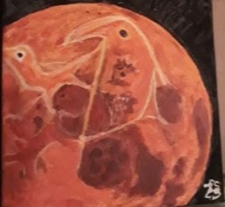 lune rousse peinture acrylique sur toile : visage et animaux : dauphin aigle sanglier tête d ours