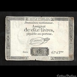 assignat de 10 livres 24 octobre 1792 ( RP FR en filigane et 2 faisceaux de licteur)