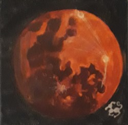 lune rousse peinture acrylique sur toile : visages et animaux .