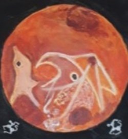 lune rousse peinture acrylique sur toile : visage ,aigle, dauphin .