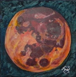 lune rousse peinture acrylique sur toile : visages et animaux .
