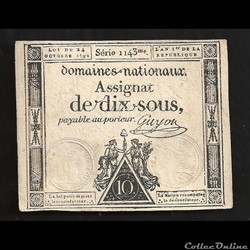 assignat de 10 SOUS l'an I de la République . Guyon