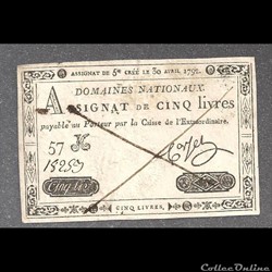 faux assignat de 5 livres .domaines nationnaux du 30 avril 1792