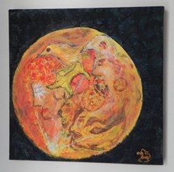 lune rousse peinture acrylique sur toile : visages et animaux .