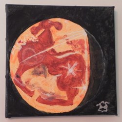 lune rousse peinture acrylique sur toile : visages et animaux voir carte de Cassini de 1671.